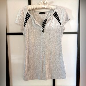 Stripe detail, gray fitted Henley tee.